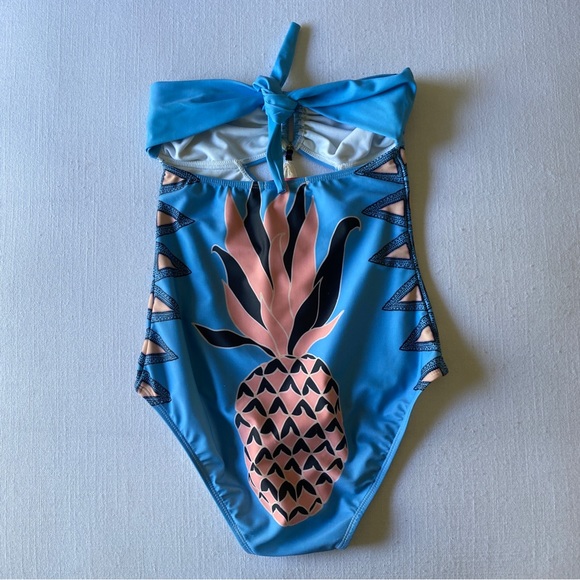 Blue Strapless Swimsuit with Pineapple and Bead Tassle Detail - Picture 3 of 9